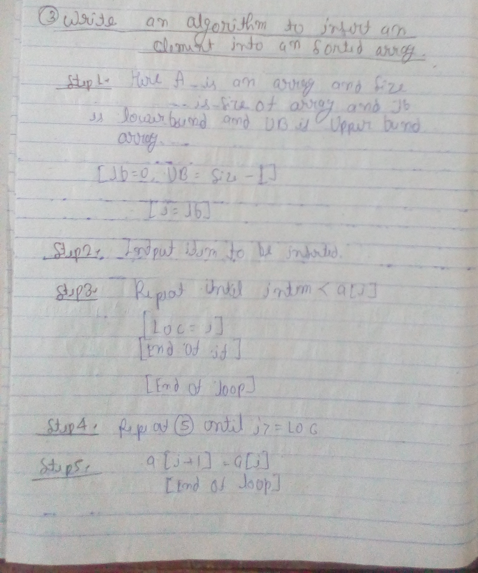 WRITE AN ALGORITHM TO INSERT AN ELEMENT INTO A SORTED ARRAY .(BCA SECOND SEMESTER NOTES)DATA STRUCTURE-IMG_20191020_221951 - Copy.jpg